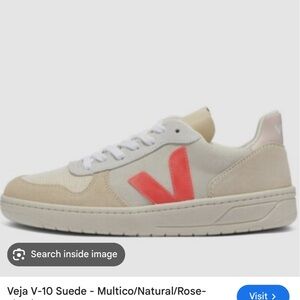 Veja V-10 Suede Sneakers. Beige with Neon Pink Accent. Size 7